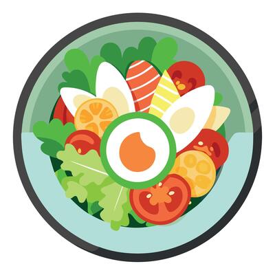 A top view of a hearty Cobb salad on a wide-rimmed bowl. featuring rows of chopped romaine lettuce.