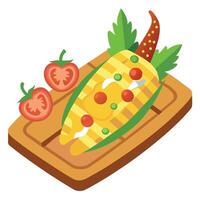Freshly grilled corn kernels mixed with juicy cherry tomatoes. crispy bacon. and fragrant cilantro. vector
