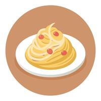 Fettuccine Carbonara in a plate. Pasta with carbonara sauce and bacon. Brown background. side view. vector