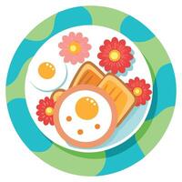 Delicious breakfast plate with sunny-side-up eggs. crispy bacon. and toasted bread on a floral table vector