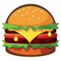 A close-up of an enormous hamburger with cheese oozing out. fresh lettuce and tomatoes on the side. vector