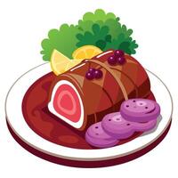 Classic german beef rouladen with bacon and onion. accompanied by red cabbage and rich mashed potato vector