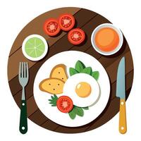 A top-down view of a delicious breakfast consisting of fried eggs. avocado. tomatoes. and garnishes vector