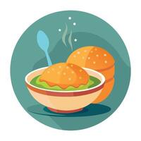 Homemade Cheeseburger Soup with Buns. Hot and Delicious Diet Soup on Background with Epicure Spoon. vector
