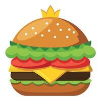 A Cheeseburger with beef. lettuce. tomato. onion and cheese. Cucumber with dark background and crown vector