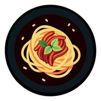 Spaghetti with bacon and herb in a brown plate on a black background. top view. concept menu vector