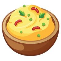 Creamy mashed potatoes with bacon green onion pepper and cheddar cheese on wooden background vector