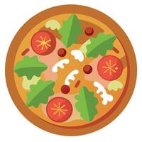 Extremely realistic top down view of fresh pizza with fried chicken. smoked bacon. onion. parmesan. vector