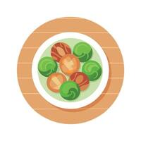 Flat lay of bacon topped Brussels sprouts on white wooden surface featuring copy space image vector