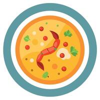 Hot spicy corn cream soup with fried bacon and shrimps Seafood lunch a la chowder top view close up vector