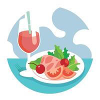 Healthy diet concept Prosciutto and arugula salad with rose wine on a bright marble backdrop vector