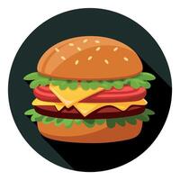Delicious bacon cheeseburger with beef. tomato. onion. and crisp lettuce on a dark backdrop. vector