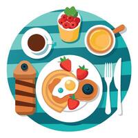 Delicious breakfast spread featuring pancakes. eggs. bacon. fresh fruit. and coffee on a rustic wood vector