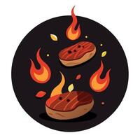 Levitating grilled steaks or burger chops with chili pepper and fire elements on a dark background. vector