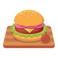 A bacon cheeseburger on a sesame seed bun with a side of ketchup. arranged on a cutting board vector