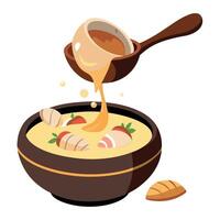 Ladle pouring thick creamy clam chowder with clams potatoes and bacon into rustic bread bowl vector