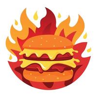 A crispy burger with gooey cheese and crispy bacon. set against a fiery background of flames. vector