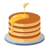 A close-up image of a stack of three pancakes with maple syrup being poured over them. vector