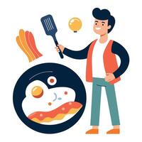 A person preparing a hearty breakfast of scrambled eggs and bacon in a non-stick frying pan vector