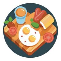 American breakfast on wooden tray with eggs. bacon .ham. vegetable .tometo.beans and toast. vector