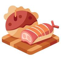 A close up of Lamb meat on a chopping board and Cider Bacon Wrapped Pork ready to eat vector