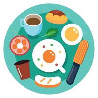 Breakfast with pan fried egg. sausage. bacon. salad serve with bread. hot coffee and soup. vector