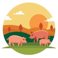 A group of pigs are grazing in a field with the sun setting in the background vector