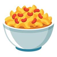 A white bowl overflows with macaroni and cheese. topped with crispy bacon pieces vector