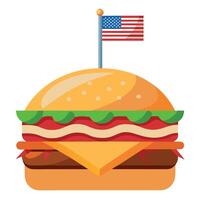 Close Up of a Juicy Burger With Bacon. Cheese. and Tomato Topped With a Small American Flag vector