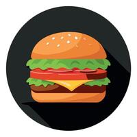 A burger with beef. lettuce. tomato. onion and cheese. Cucumber with dark background. vector