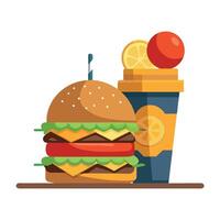 Burger And Shake. Double Cheeseburger with Fresh Onions and Tomatoes on Table vector