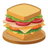 Delicious multi-layer turkey club sandwich with fresh ingredients on a rustic wood backdrop vector