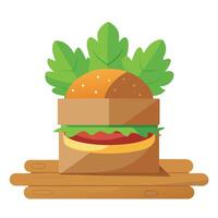 A plant-based burger in a brown paper bag. on a wooden table with arugula and onion slices. vector