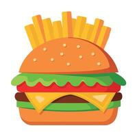 Close-up of a juicy burger with lettuce. tomato. and cheese. served with crispy fries vector