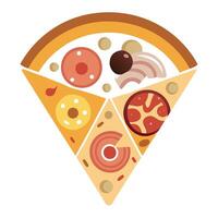 Close up slices of pizza with bacon chicken mushrooms and onion rings Vertical format vector