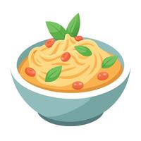 Close-up of a bowl of creamy pasta being tossed with sauce and garnished with basil leaves. vector