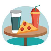 Close-up of a pizza next to a cola in a glass on the table of a fast food restaurant. vector