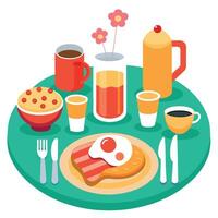 Delicious breakfast table setting with pancakes bacon and eggs with coffee and orange juice vector