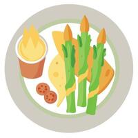Green fried asparagus. bacon. and fried potatoes with mustard sauce on a white plate. vector