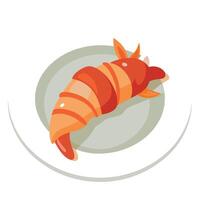Delicious plate with shrimp and crispy bacon wrapped in bacon served on a white plate vector