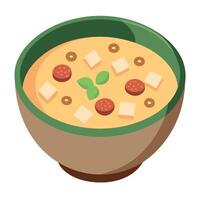 Creamy lentil soup with croutons and meat pieces served on a white background vector