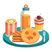 A pancake breakfast spread with pancakes. bacon. eggs. and fresh orange juice vector