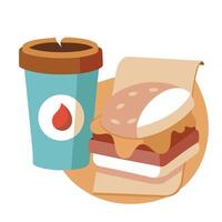 Close up photo of a mozzarella and bacon sandwich in a paper bag with a cup of coffee vector