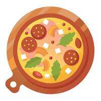 Homemade pizza with bacon paprika and corn served on a wooden board Top view vector