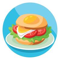 Fresh breakfast sandwich with egg. cheese. bacon. tomatoes. lettuce. cucumbers and onions in sunlit vector