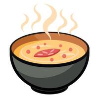 Hot cream cassava soup with very tiny small pieces of bacon on a wood table. smoke comes from the so vector