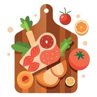 A wooden cutting board with a variety of meats and vegetables on it. Scene is inviting and appetizin vector