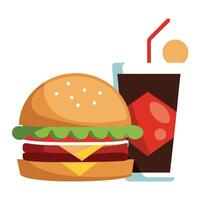 Delicious burger served with a cold glass of cola. ice cubes clinking. Perfect for a satisfying meal vector
