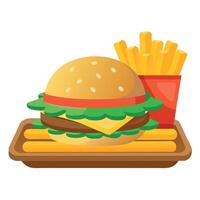 A juicy cheeseburger with lettuce. tomato. and pickles. served with a side of crispy fries on a tray vector