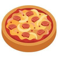 A close-up of a delicious homemade macaroni pizza with cheese and bacon toppings. ready to be baked. vector